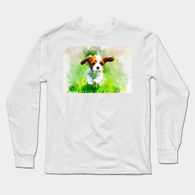 Cavalier King Charles Spaniel puppy watercolor Long Sleeve T-Shirt by PetsArt